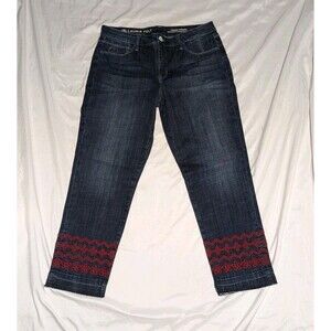 Laurie Felt Classic Denim Stiletto Jeans Red Embroidered Hem Dark Wash Sz 10 New